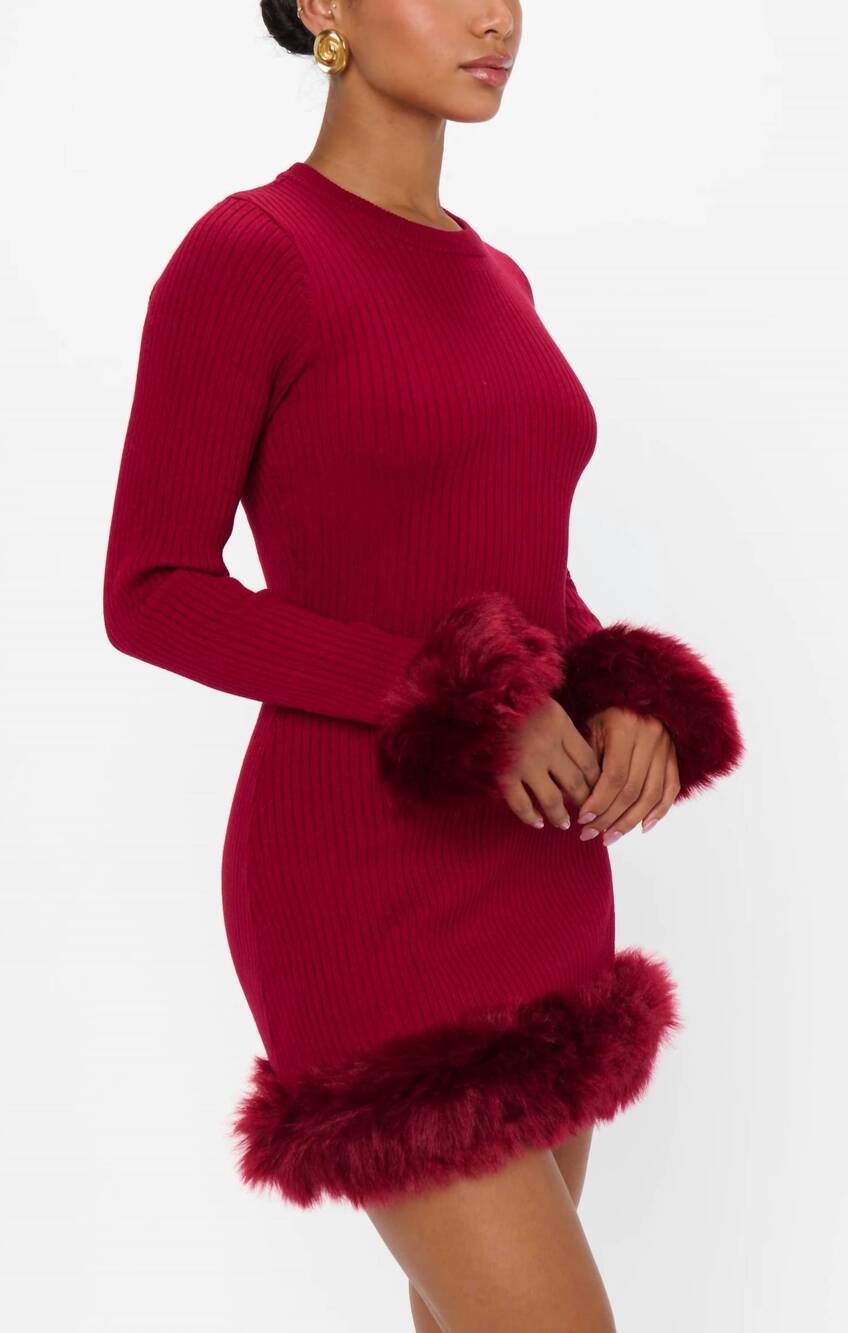 NEW SHOW ME YOUR MUMU fran dress in cranberry rib with faux fur - Picture 4 of 9